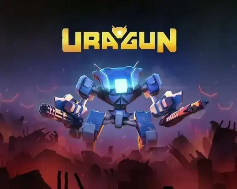 Obrazek do wpisu o grze Uragun we wczesnym dostępie na platformie Steam. Na Głównym tle stoi robot z dużym tułowiem, broniami palnymi przytwierdzonymi do mechanicznych rąk. Stoi na mechanicznych nogach. Nad robotem jest napisany tytuł gry ,,Uragun", w kolorze żółtym. Przed robotem, na wysokości jego stóp, leży gruz i brązowe zgliszcza. Tło przechodzi kolorami, z czarnego u góry w błękitny na dole.