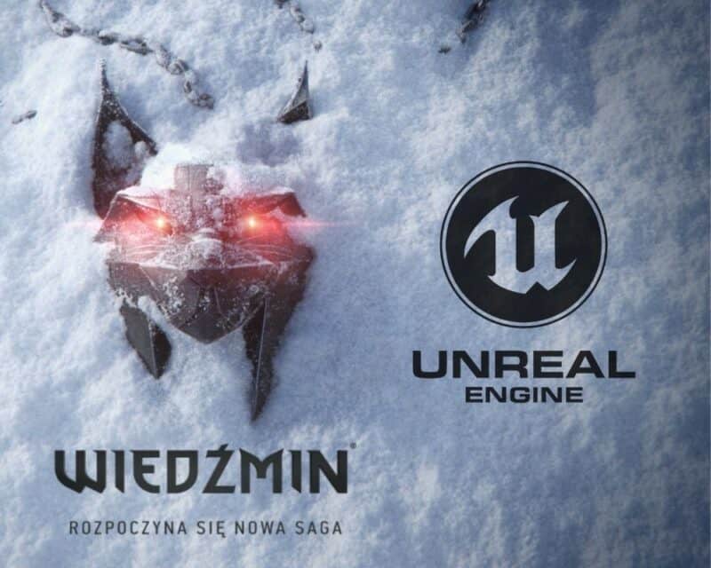 Wiedźmin 4 na silniku Unreal Engine 5, CD Projekt RED, Epic Games – grafika to tło, którym jest śnieg i medalion wiedźmiński z głową rysia po lewej stronie i podpisem Wiedźmin poniżej, po prawej znajduje się logo Unreal Engine