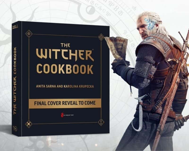 Wiedźmin książka kucharska, CD Projekt Red, The Witcher Cookbook, Geralt, Serce z Kamienia – na grafice po lewej stronie jest wizualizacja okładki książki ze złotym tytułem „The Witcher Cookbook”, po prawej znajduje się postać wiedźmina Geralta z grafiki promującej dodatek Serce z Kamienia