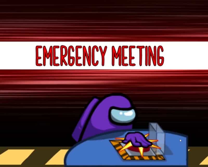 Among Us: grafika z gry, fioletowy członek załogi wciska czerwony przycisk, by odpalić spotkanie awaryjne (Emergency Meeting), dokument Noclip o Among Us