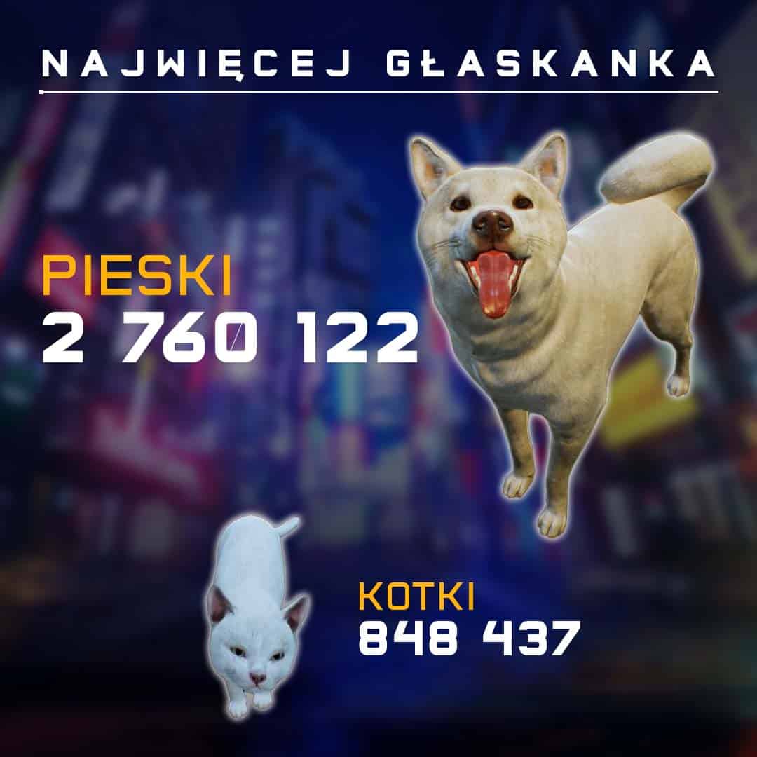 ghostwire tokio psy i koty statystyki, obrazek ma napis na górze "najwięcej głaskania", a pod nim obrazek psa i kota
