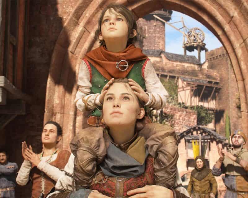 A Plague Tale: Requiem – grafika przedstawia głównych bohaterów, Amicię i Hugo. Amicia trzyma Hugo na barana, oboje patrzą do góry, A Plague Tale Requiem demo