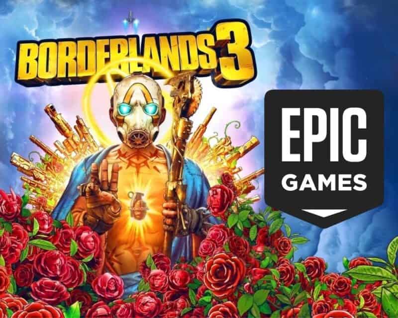 Borderlands 3 za darmo w Epic Games Store – na grafice znajduje się postać w białej masce z świecącymi, niebieskimi oczami, na środku klatki piersiowej ma granat. Całą postać otaczają róże, na prawo od postaci znajduje się logo Epic Games Store.