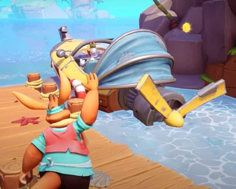 Kadr ze zwiastuna gry Kangurek Kao, w którym zostali zaprezentowani bohaterowie orbitujący wokół głównej postaci. Na zdjęciu znajduje się matka Kangurka, która macha do odpływającego Gadgeta.