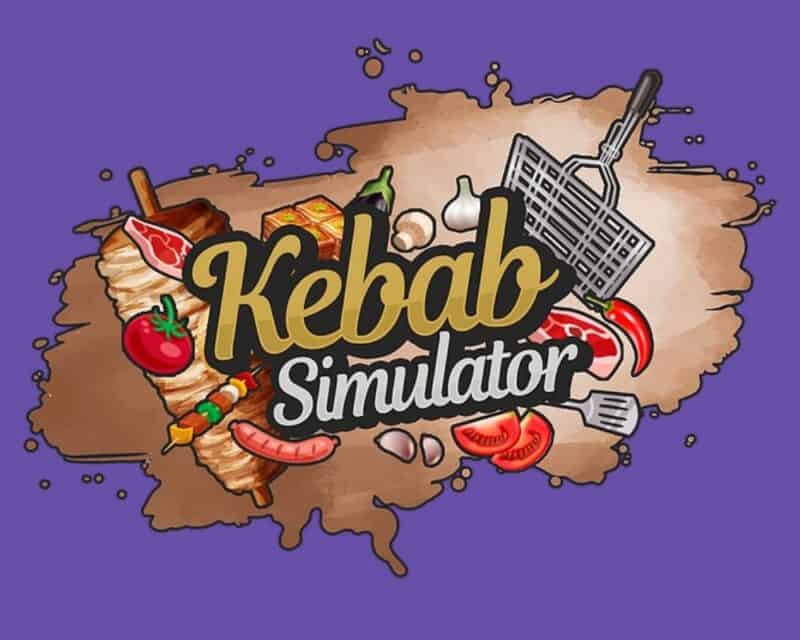 zapowiedź Kebab Simulator, na grafice fioletowe tło, a na nim logo gry z tytułem umieszczonym na brązowawym tle ze składnikami żywnościowymi