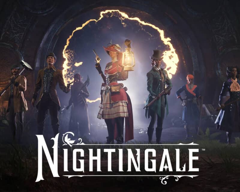 Nightingale – zamknięte beta testy i informacja kiedy premiera, Inflexion Games, grafika przedstawia sześć postaci ubranych w wiktoriańskim stylu, za którymi znajduje się świecący półokrąg, który jest teleportem, w dolnej części widnieje tytuł gry w kolorze białym