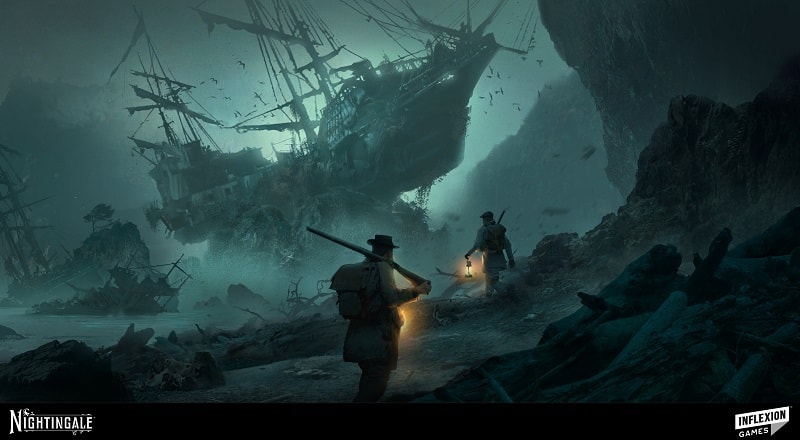 Nightingale, Inflexion Games, zamknięte beta testy i informacja kiedy premiera – na grafice znajduje się dwóch podróżników z lampami i bronią prochową, którzy zmierzają w stronę zniszczonego wraku drewnianego statku, który osiadł na skale.
