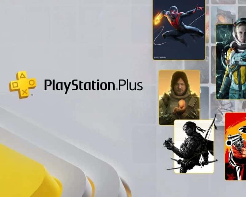 szare tło z żółtymi elementami, na nim okładki gier, m.in. Death Stranding czy Ghost of Tsushima oraz napis PlayStation Plus