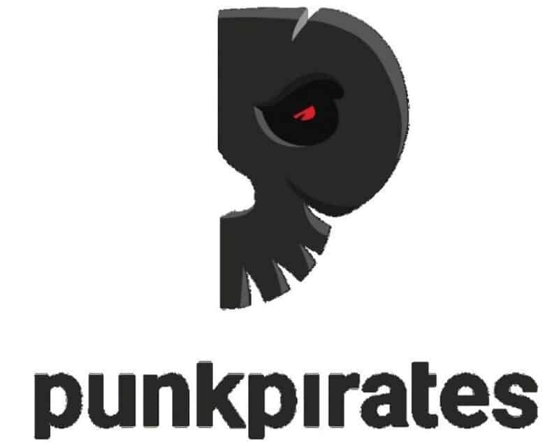 czarne logo PunkPirates na białym tle, logo ma kształt zniekształconej litery P z pióropuszem na dole i czerwoną kropką w środku "brzuszka"