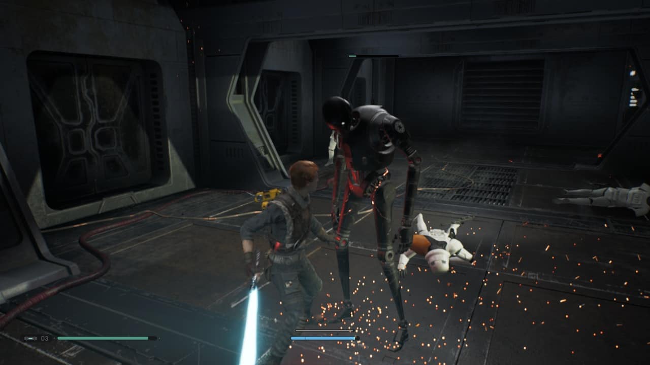 Star Wars Jedi: Fallen Order wrażenia – screen z gry, walka z robotem, Cal Kestis