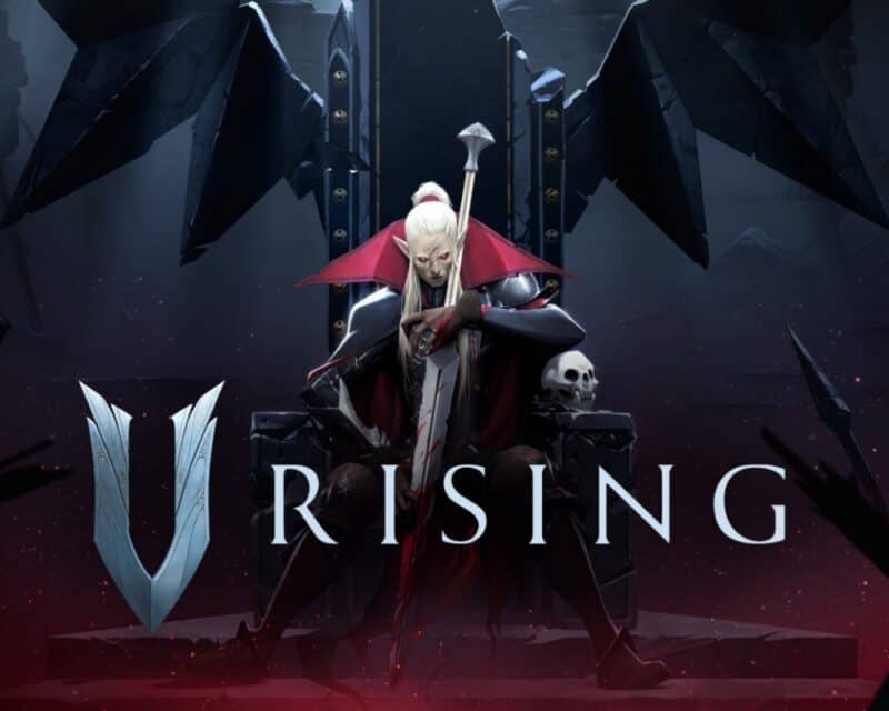 V Rising – wampir o długich, białych włosach, w czarno-czerwonym stroju i z dużym stalowym mieczem siedzi na dużym czarnym tronie ze skrzydłami nietoperza, przodem do oglądającego, przed nim, na wysokości jego nóg, napis V RISING, V Rising premiera