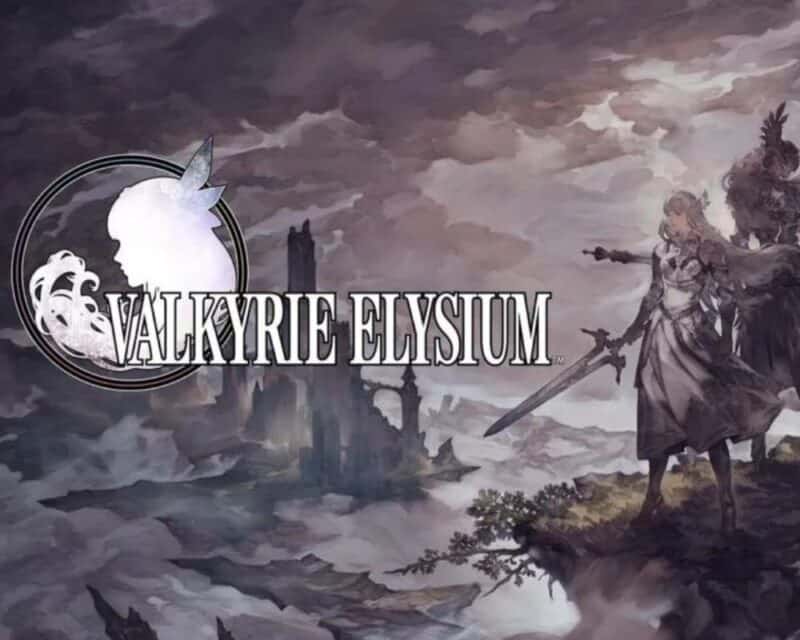 grafika zapowiadająca Valkyrie Elysium, kobieca protagonistka w sukience i z mieczem w ręku stoi na tle zachmurzonego ponurego szarego nieba z widocznym w oddali konturem zamku