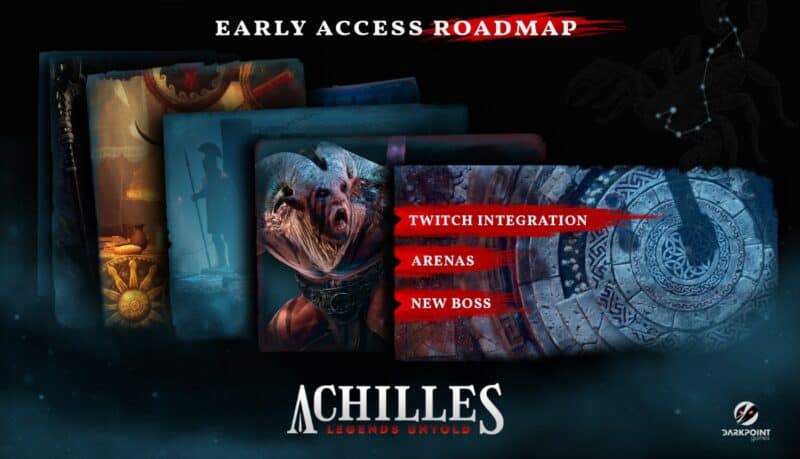 Grafika przedstawiająca roadmapę gry Achilles: Legends Untold, widać na niej tytuł gry (dół obrazka) napis Early Access Roadmap (góra obrazka), kilka grafik inspirowanych lokacjami i potworami, w prawym górnym rogu konstelacja skorpiona