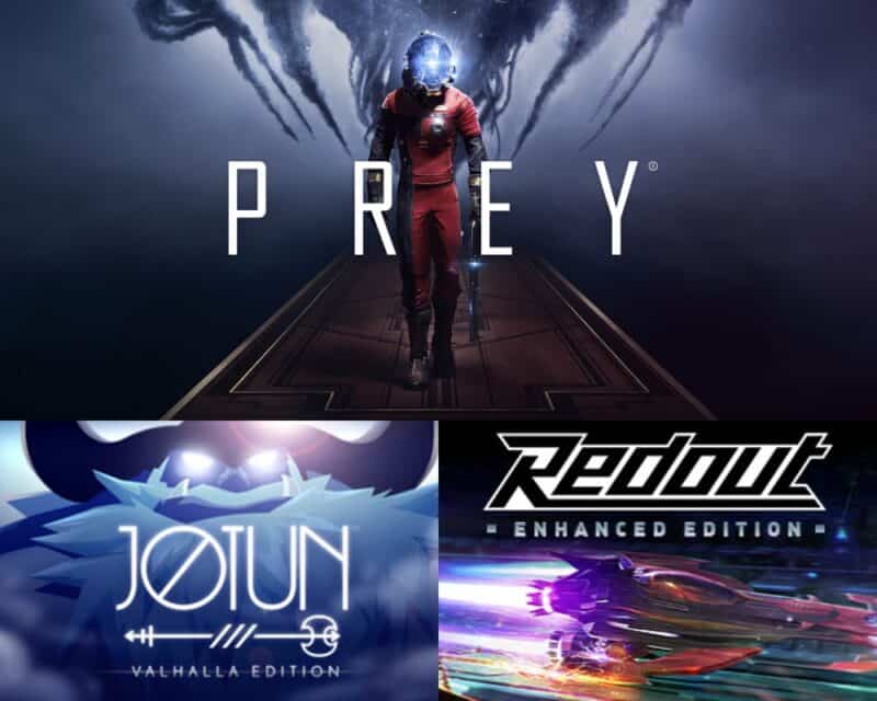grafika przedstawiająca loga trzech gier dostępnych w tym tygodniu na Epic Games Store, u góry Prey – mężczyzna w pomarańczowym kombinezonie idzie w naszą stronę, za nim duży latający czarny potwór; na dole po lewej Jotun: Valhalla Edition – ogromny jotun stoi na przeciwko małej kobiety z toporem; na dole po prawej Redout: Enhanced Edition – pojazd antygrawitacyjny lecący szybko w prawą stronę, za nim smuga od paliwa i rozmyty obraz, Prey za darmo w Epic Games Store