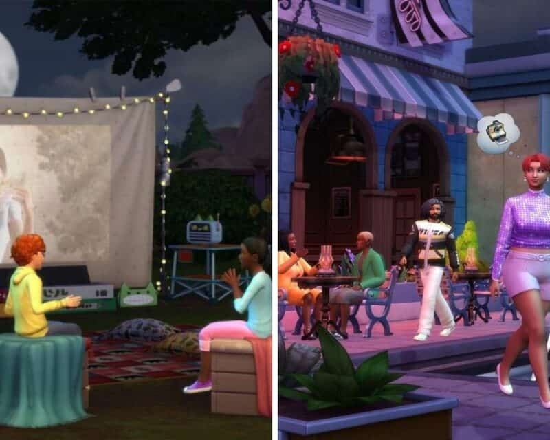 dwa screeny - po jednym z każdej kolekcji The Sims 4: Mali obozowicze i The Sims 4: Księżycowy szykk, na lewym ekran ogrodowy z prześcieradła i dwójka dzieci rozmawiająca ze sobą, siedząc przed nim, na prawym nocne życie i ludzie na ulicy ubrani w kolorowe stroje