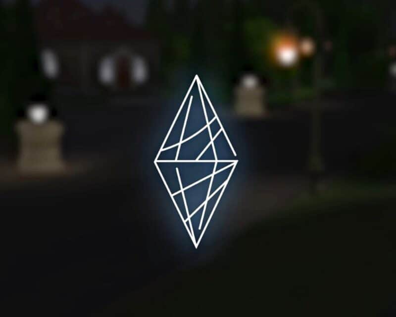 logo The Sims 4 w formie białego konturu kryształu na tle ulicy skąpanej w ciemności, grafika promująca nową roadmapę rozbudowy gry na maj i czerwiec 2022