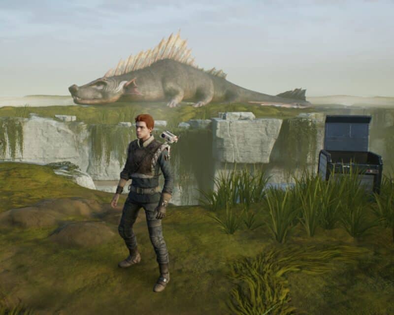 Star Wars Jedi: Upadły zakon 2 będzie się nazywał Survivor? Screen z pierwszej części gry, Cal na planecie Bogano, z tyłu smok