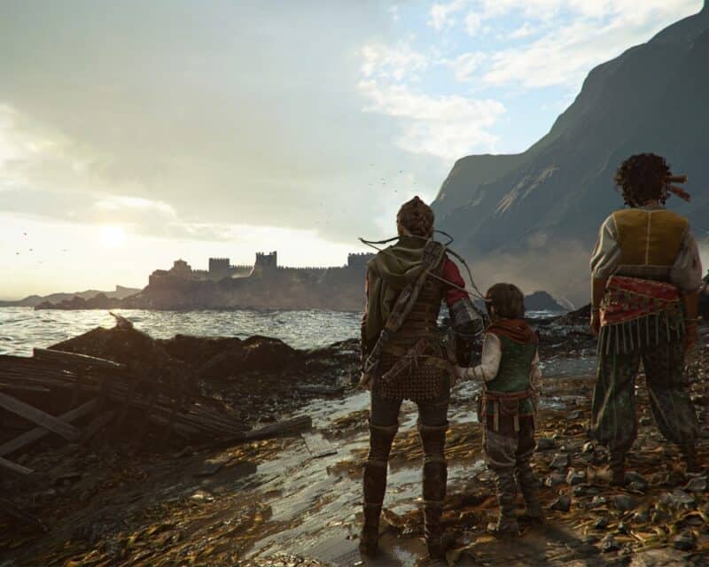 grafika przedstawia trzy postaci: dziecko i dwie kobiety. Wszyscy patrzą na zamek w oddali, po drugiej stronie wyspy, obok nich zniszczona drewniana łódka, A Plague Tale Requiem premiera