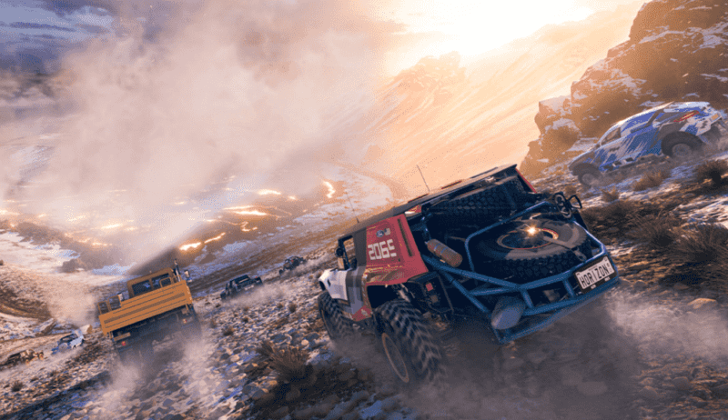 Recenzja gry Forza Horizon 5: kadr z produkcji. Na dynamicznej grafice znajdują się samochody, które zjeżdżają w dół wulkanu.