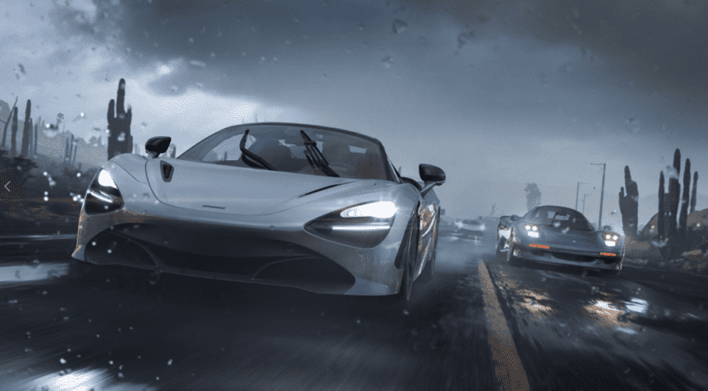 Recenzja gry Forza Horizon 5: kadr z gry. Na grafice znajdują się samochody nocą. w czasie burzy