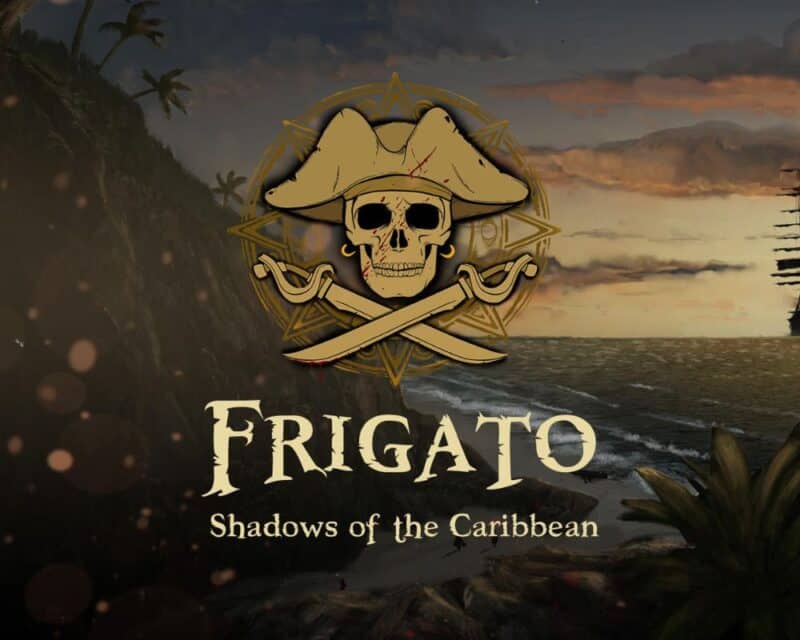 Frigato Shadows of the Caribbean zapowiedź logo, na logu czaszka w kapeluszu pirackim z dwiema szablami pod brodą, pod ta ikoną tytuł gry, w tle piracka zatoka
