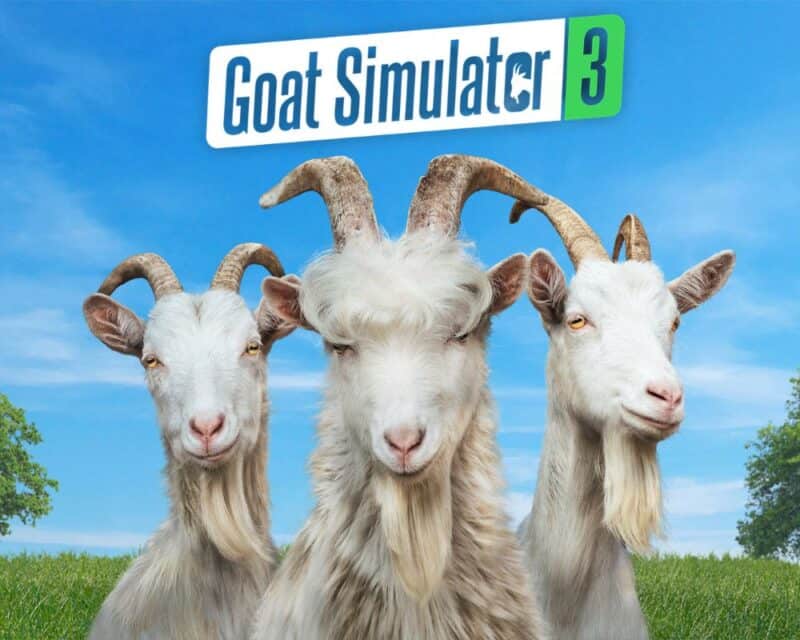 zapowiedź, trzy kozy stoją na tle niebieskiego czystego nieba z horyzontem nad zielonym pastwiskiem, na górze tytuł gry Goat Simulator 3
