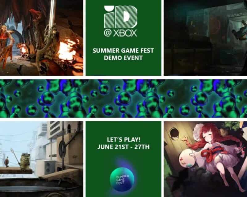 grafika podzielona na 7 segmentów, 2 rzędy po 3 kwadraty na rząd na dole i na górze, a na środku obrazka szeroki pasek z tłem, w środkowej kolumnie kwadratów zielone tło i tytuł akcji ID@Xbox Summer Game Fest Demo, na dole ikonka Xboksa, po lewej i prawej screeny z różnych gier