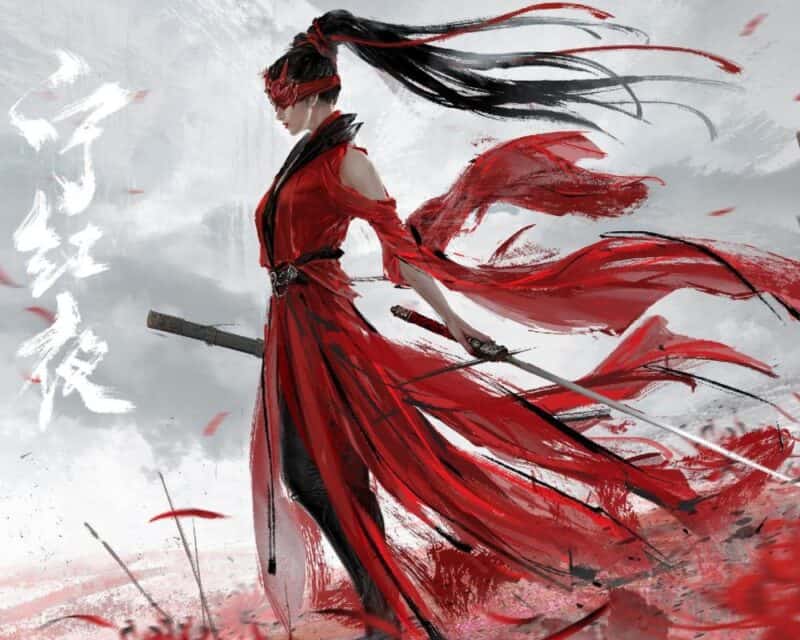 banner gry Naraka Bladepoint, która w czerwcu trafiła do usługi Xbox Game Pass, na obrazku widać kobietę z ciemnymi włosami spiętymi w wysoki kucyk, powiewający na wietrze wraz z połami jej czerwonej sukni, odsłaniającej część bladych nóg, w rękach trzyma broń białą i szykuje się do walki, w tle szare niebo, pod stopami czerwone podłoże