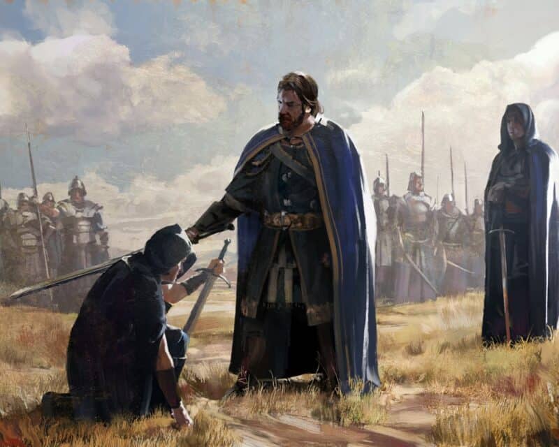 Old World: grafika przedstawiająca króla pasującego swojego żołnierza na wyższe stanowisko, Old World recenzja