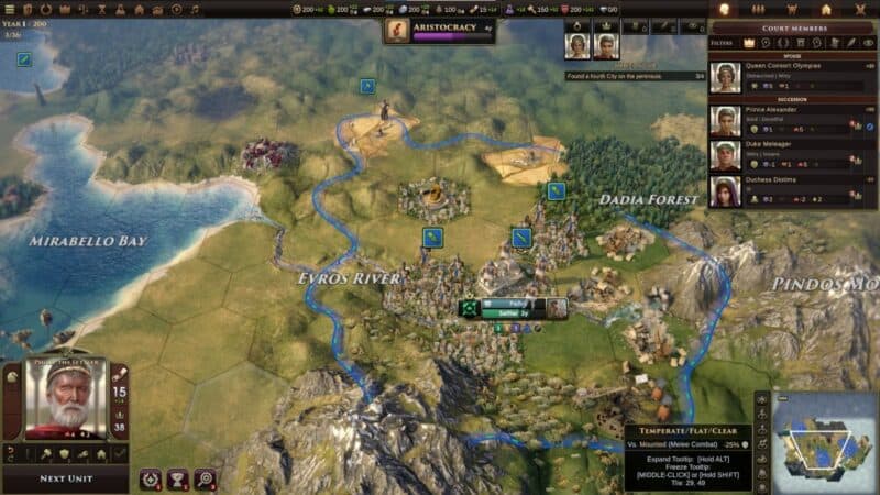 Recenzja Old World: ekran głowny gry, widzimy na nim stolicę Grecji, Pallę, na lewo zatoka, na prawo góry, z jednostek dwóch zwiadowców, jeden wojownik i robotnik.