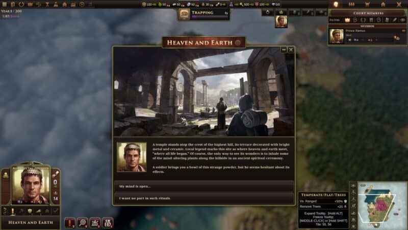 Recenzja Old World: ekran wydarzenia, tytuł to Niebo i Ziemia, decyzja dotyczy starej świątyni w której znaleziono misę z dziwnym pyłem. Możemy zdecydować, czy się go nawdychać, czy nie.