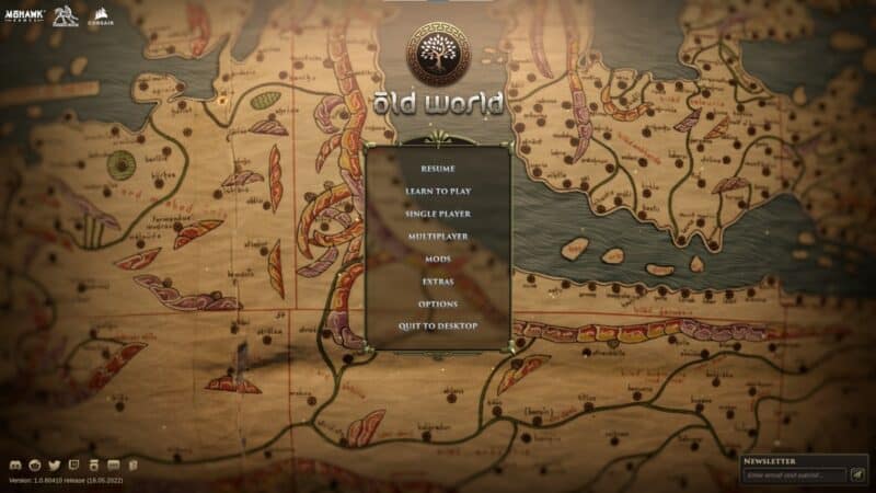 Recenzja Old World: widok menu głównego, dostępne opcje są na tle ręcznie rysowanej mapy.