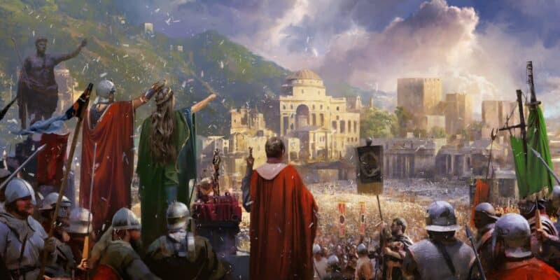 Grafika z gry pokazująca się gdy wygramy kobietą. Wszyscy świętują i wiwatują na cześć przywódczyni.