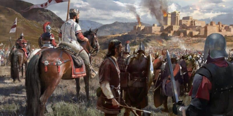 Grafika pokazująca króla wraz z żołnierzami, którzy maszerują w stronę płonącego, obleganego miasta.