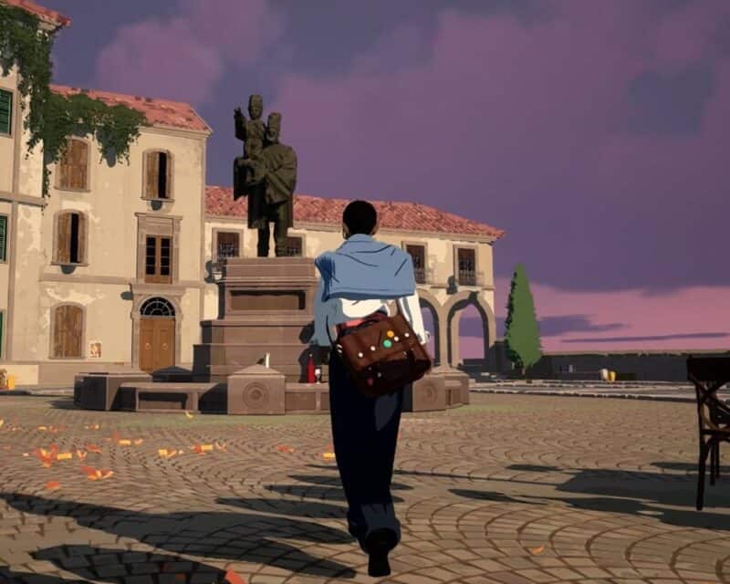 Zapowiedź Season: a Letter to the Future – screen z gry, rysunkowa postać w TPP idzie przez plac