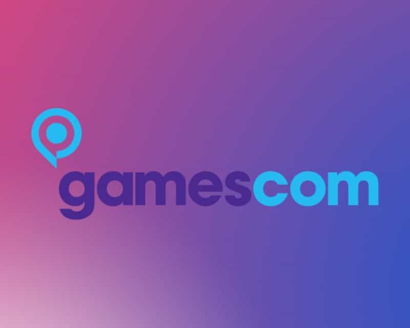 logo gamescom z napisem gamescom na tle gradientu z różu do fioletu