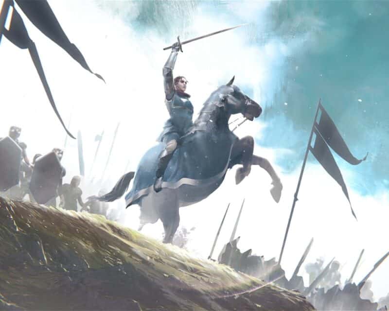 recenzja Songs of Conquest: kobieta unosi miecz siedząc na koniu, który stoi na dwóch kopytach, za nią tłum żołnierzy