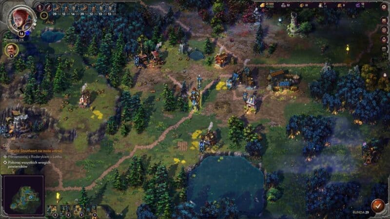 świat gry, na środku nasz bohater, czyli rudowłosa bohaterka podróżująca pieszo, dookoła niej różne budynki, na dole jezioro