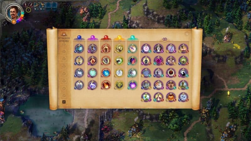 ekran czarów, widać na nim wszystkie dostępne zaklęcia, zarówno podzielone na esencje, jak i czary mieszane, wymagające kilku różnych esencji, Songs of Conquest recenzja