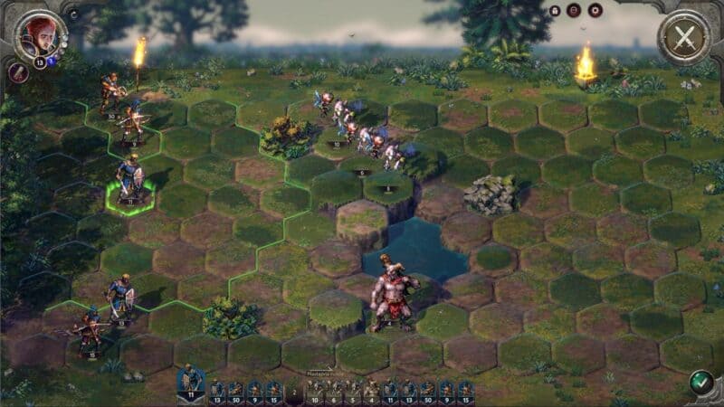 ekran walki, pola heksanowe, po lewej stronie nasze wojska i portret bohatera, po prawej wojska przeciwnika, na dole pasek inicjatywy, Songs of Conquest recenzja