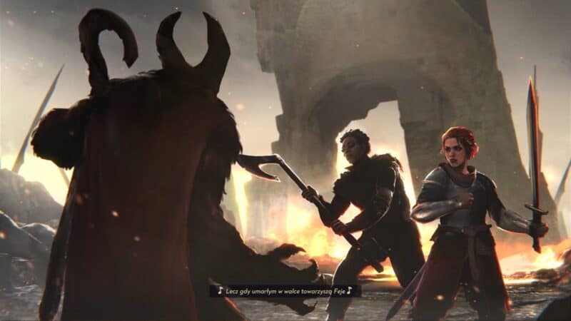 grafika pokazująca dwie kobiety walczące z rogatą bestią, na dole fragment piosenki: Lecz gdy umarłym w walce towarzyszą Feje, Songs of Conquest recenzja