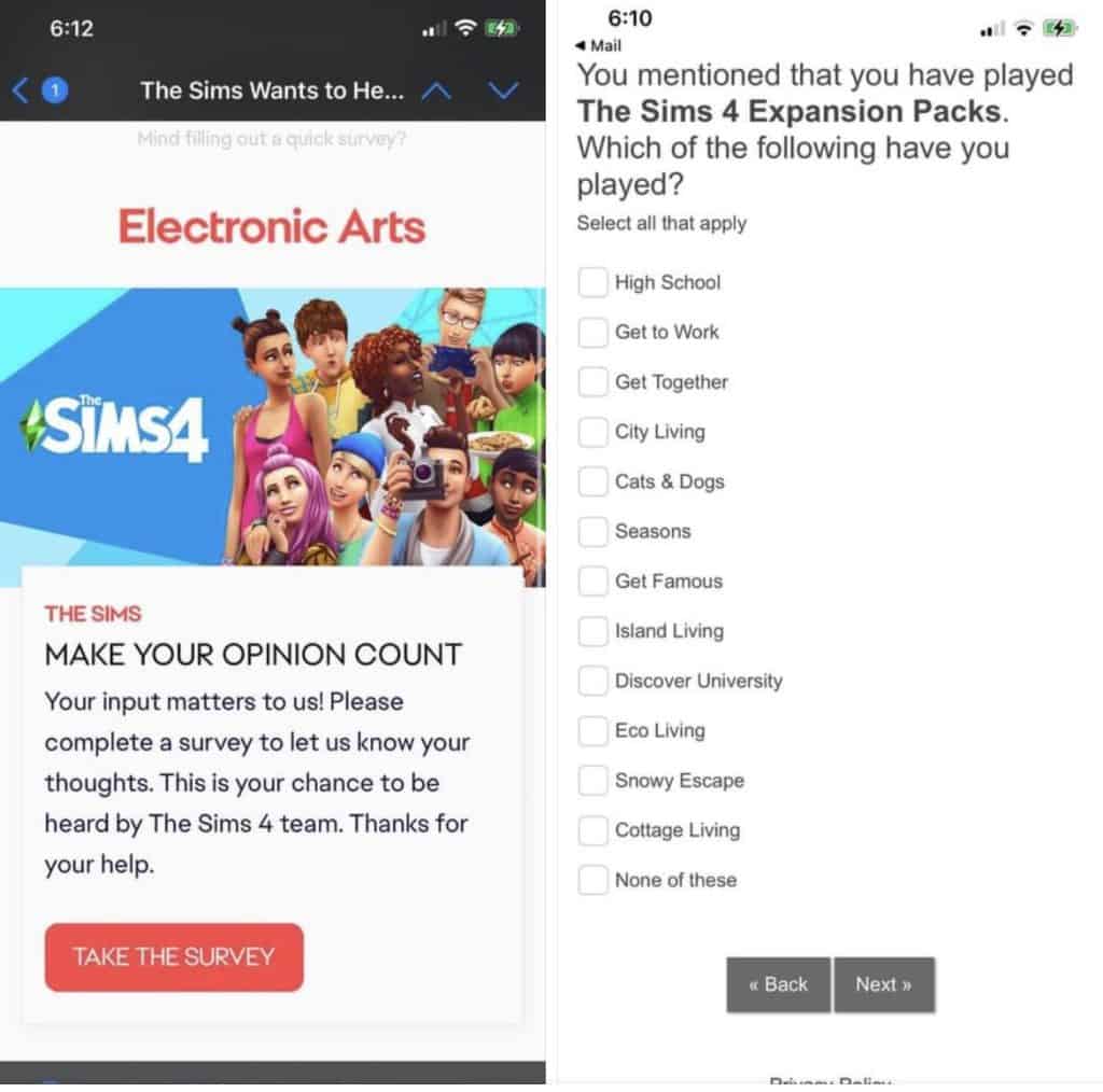 na grafice widać zrzuty ekranu z ankiety o The Sims 4, po lewej jest obrazek z tytułem i wstęp do ankiety (zaproszenie słowne), a po prawej lista tytułów dotychczas wydanych DLC + wilkolaki + liceum