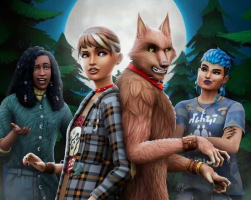 okładka DLC, na której widzimy wilkołaja i Sima, stojących ramię w ramię. W tle widać dwóch innych Simów. Co istotne, u wszystkich postaci na grafice możemy zauważyć nowe fryzury i ubrania z motywami wilka i księżyca