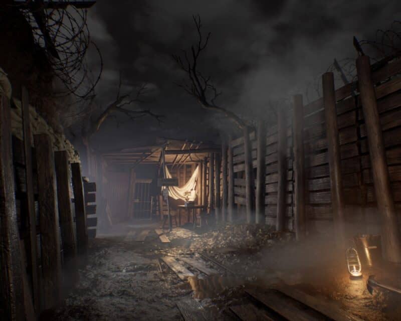 Screen z gry Ad Infinitum – okopy i światło w zasięgu wzroku, widok FPP – na nowym zwiastunie twórcy udostępnili fragmenty rozgrywki