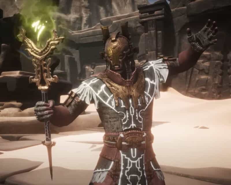 Czarnoksiężnik w brązowym pancerzu rzucający zaklęcie za pomocą magicznej laski to właśnie aktualizacja Age of Sorcery do Conan Exiles