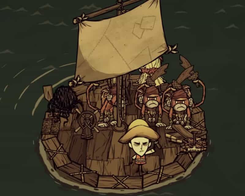Don't Starve Together, aktualizacja The Curse of Moon Quay – screen z gry, postacie i tytułowe małpy piraci na łódce, walka