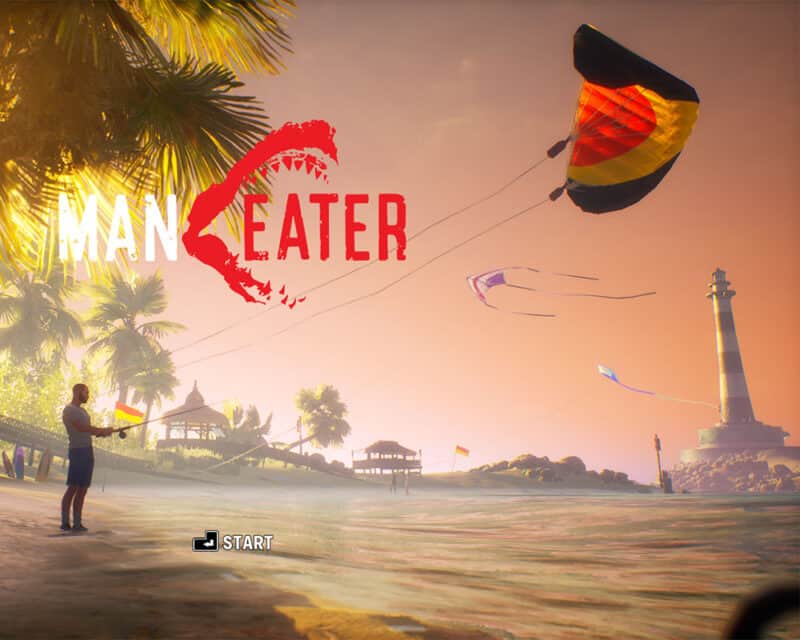 Fishing human on the beach, kites flying in the background - Maneater main menu screen