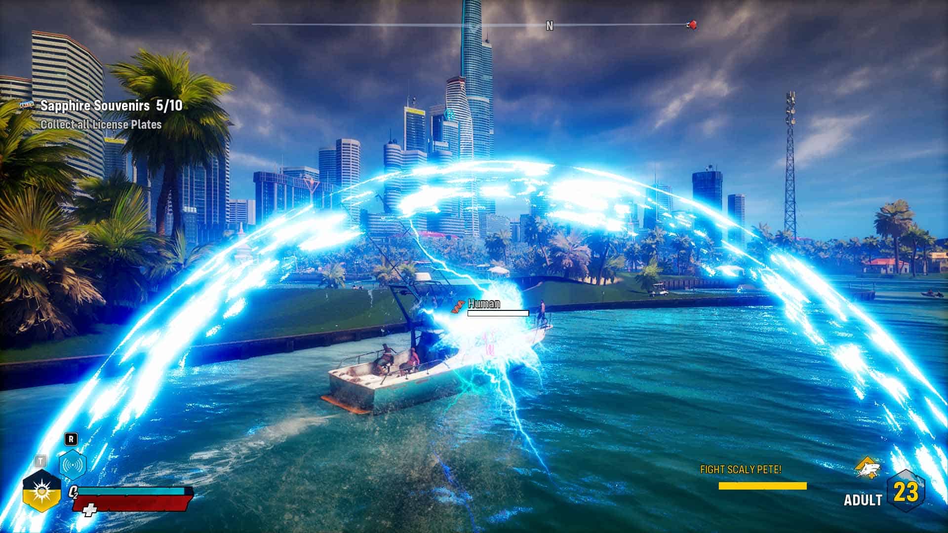 Elektryczny rekin malowniczo teleportujący się w stronę łodzi, wokół rekina postwaje elektryczna fala uderzeniowa