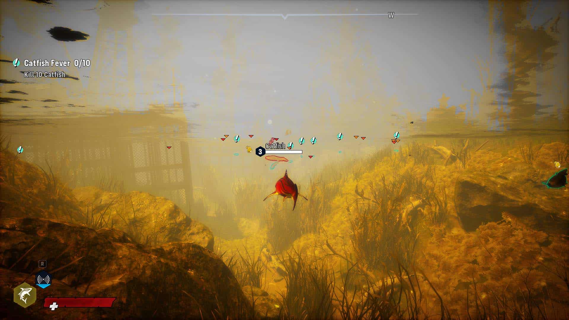 Rekin pod wodą, ekran zawalają drobne elementy interface'u wskazujące każdą rybę