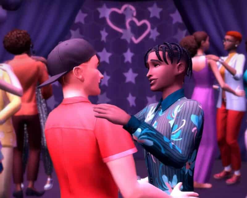 The Sims 4, dwóch mężczyzn tańczy, obejmując się, jeden sto w czerwonej koszuli i czapce z daszkiem, drugi w fioletowo-niebieskiej, ma dredy, w tle inne pary, a za nimi fioletowe ściany z serduszkami